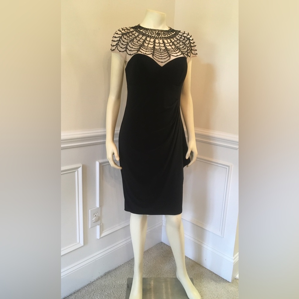 XSCAPE DRESS BLACK SEMI-FORMAL Bodycon Stretchy Sheer Bodice w/ Beads